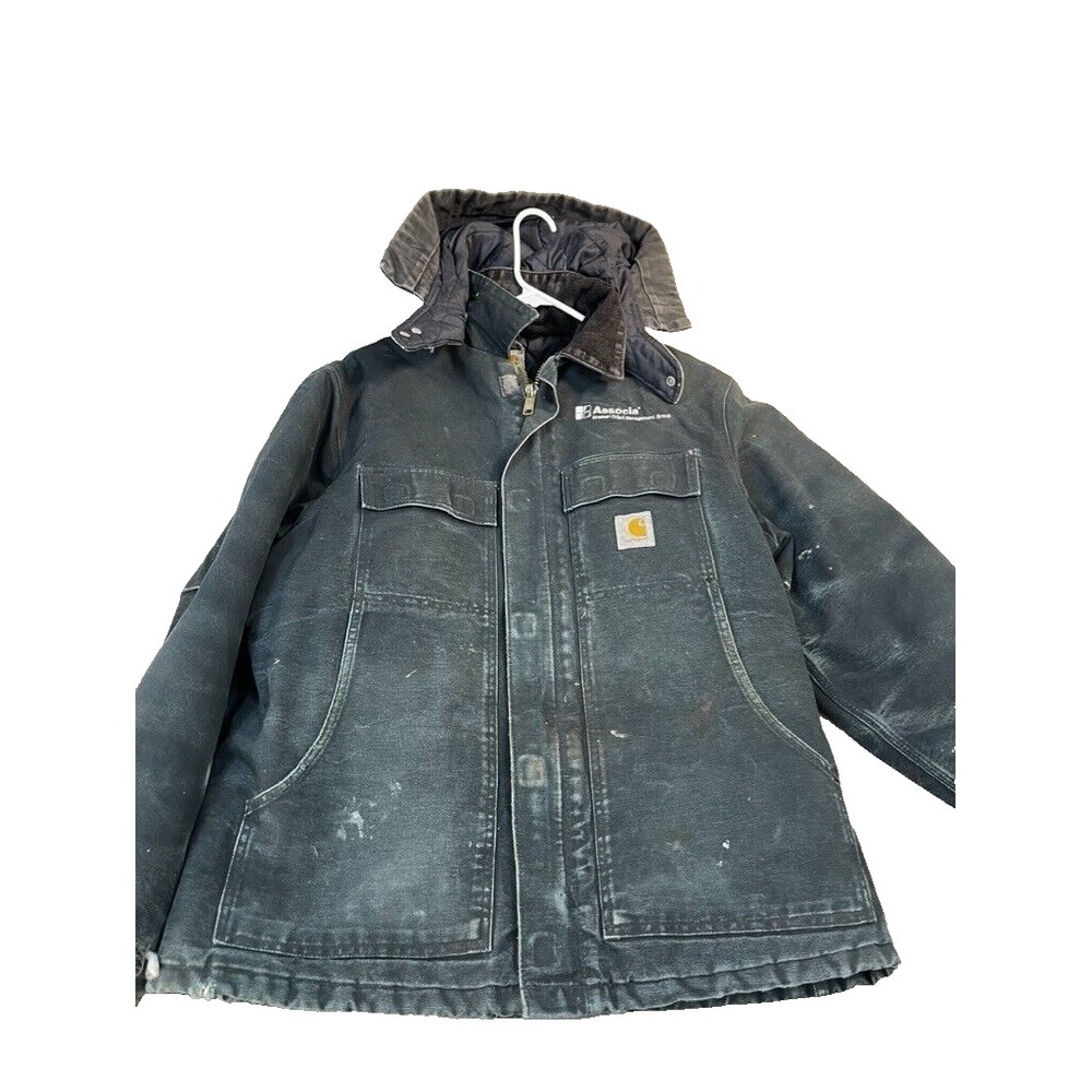 Carhartt Jacket 44 Faded Black Green Hooded Thermal‎ Lined Distressed Vintage
